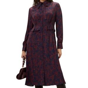 Jason Wu Navy Red Floral Tie Neck Long Sleeve Midi Shirt Dress Size 2